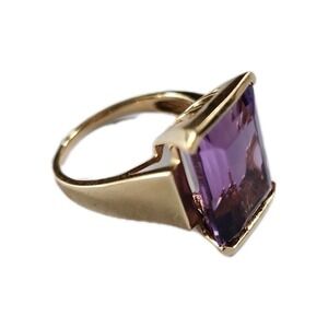 14K Yellow Gold Amethyst Ring 13.85 Carat Emerald Cut Amethyst Size 10 1/4